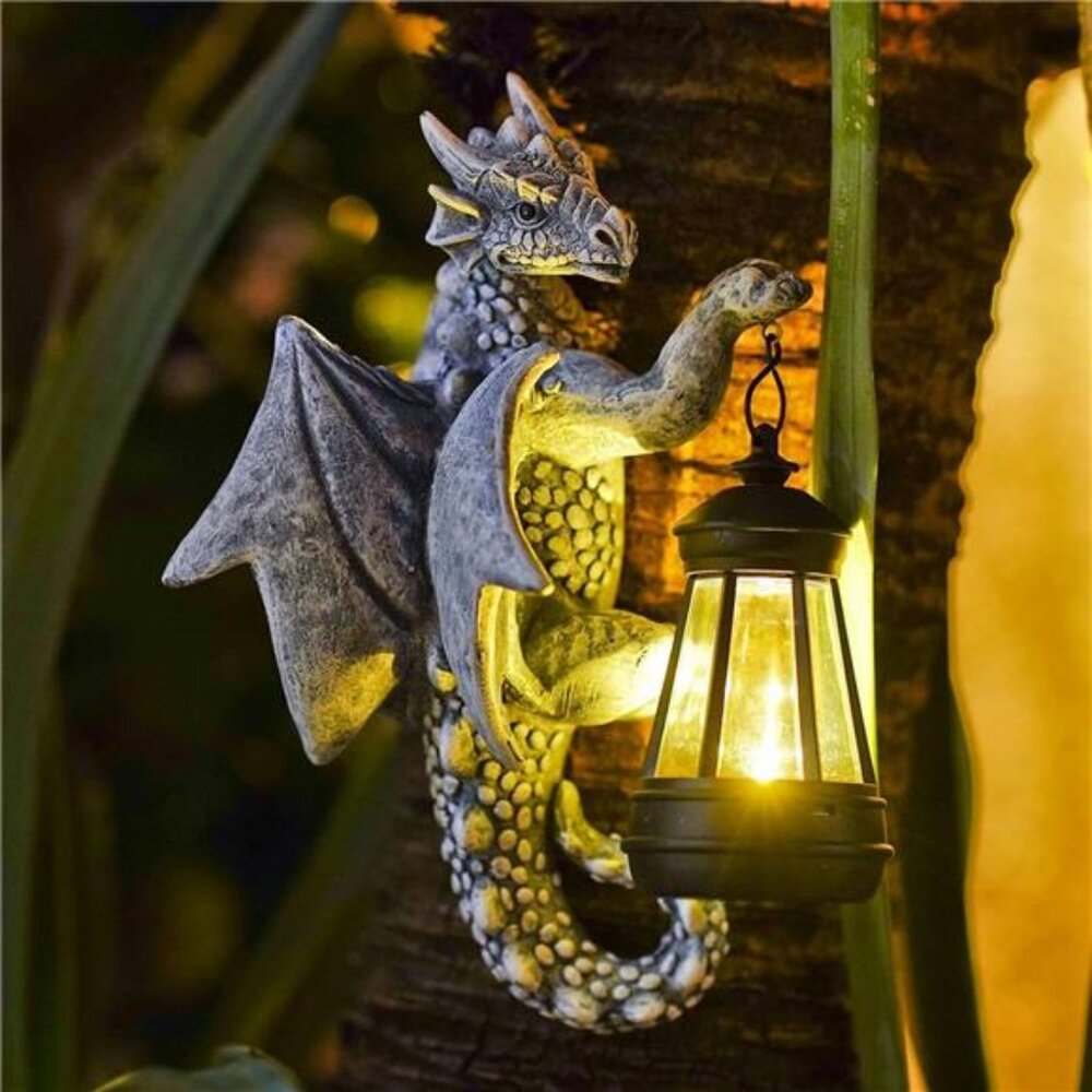 Dragon Tree Hugger with Solar Lantern 9.3 Inch Resin Dragon Statue for Garden
